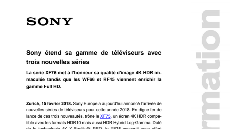 Sony étend sa gamme de téléviseurs avec trois nouvelles séries 