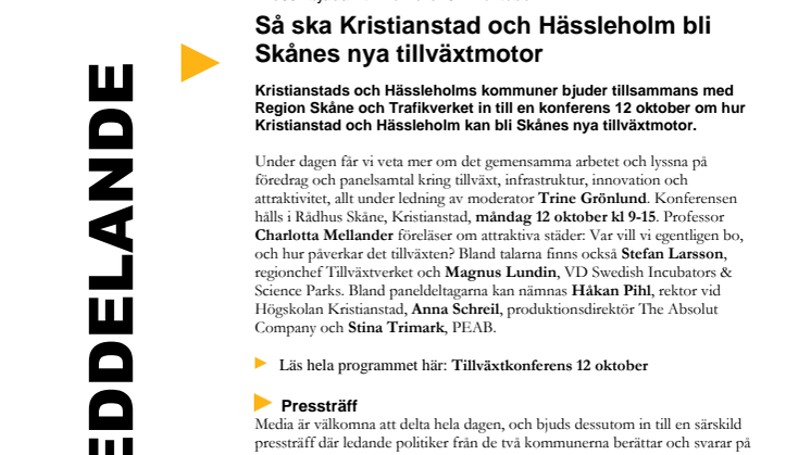 Pressinbjudan 12 oktober: Kristianstad-Hässleholm som tillväxtmotor
