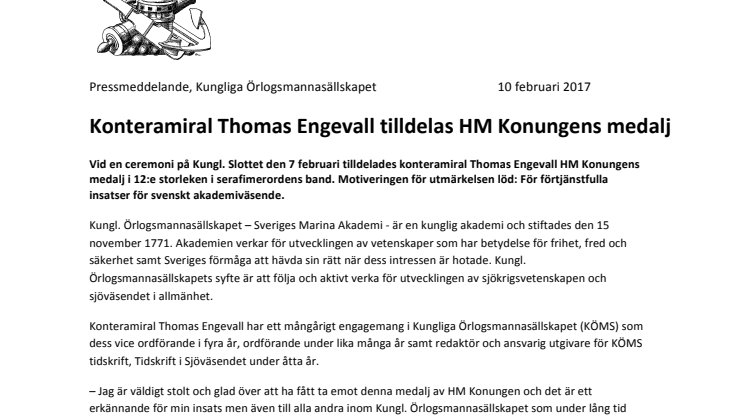 Konteramiral Thomas Engevall tilldelas HM Konungens medalj