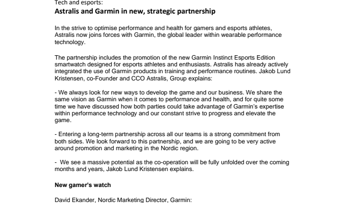 Astralis og Garmin inngår nytt strategiskt samarbeid