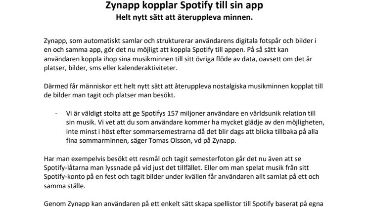 Zynapp kopplar Spotify till sin app – helt nytt sätt att återuppleva minnen