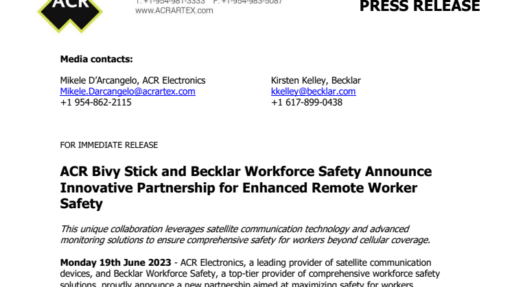 June 19 2023 - ACR Bivy Stick and Becklar Workforce Safety Announce Innovative Partnership.pdf