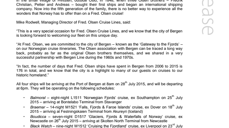 Fred. Olsen Cruise Lines’ fleet comes together for the first time ever – in Bergen – on 28th July 2015