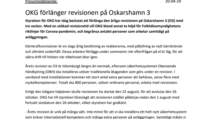 OKG förlänger årets revision på Oskarshamn 3