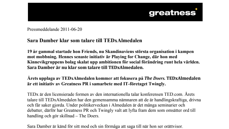 Sara Damber klar som talare till TEDxAlmedalen