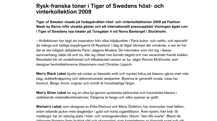 Rysk-franska toner i Tiger of Swedens höst- och vinterkollektion 2009