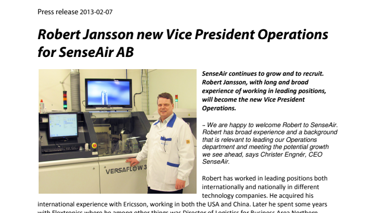 Robert Jansson new Vice President Operations for SenseAir AB