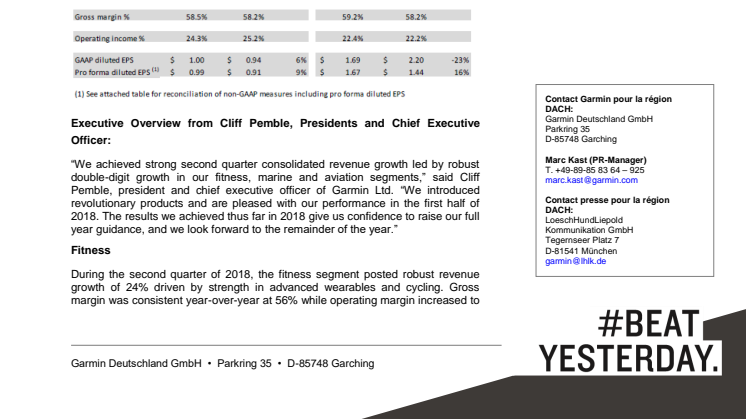 Garmin Reports Second Quarter Revenue and Earnings Growth; Raises Guidance for 2018