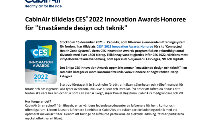 Svenska CabinAir tilldelas CES® 2022 Innovation Awards Honoree för "Enastående design och teknik"