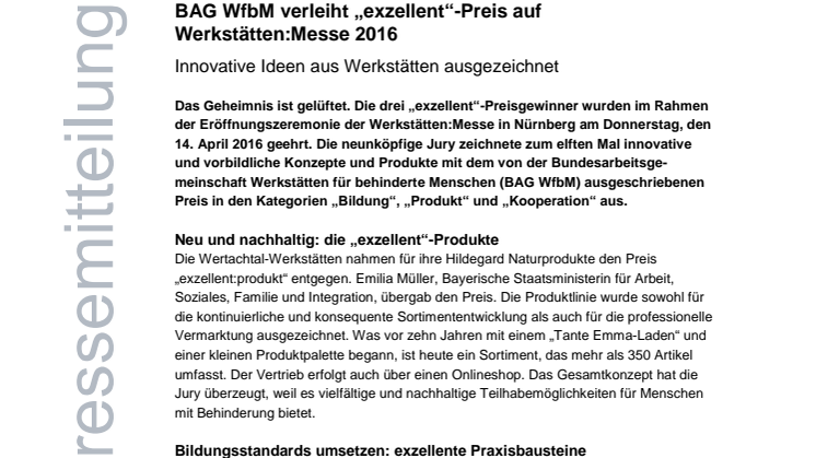 BAG WfbM verleiht „exzellent“-Preis auf Werkstätten:Messe 2016