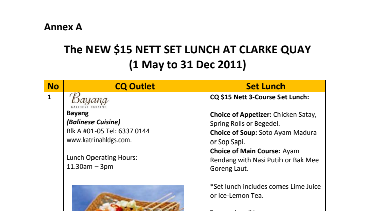 (Annex A) Clarke Quay $15 Nett Set Lunch Full Listing  
