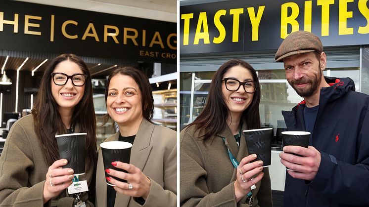 Double espresso: Southern's Area Station Manager Sophie Finn with new East Croydon retailers Ayse Mevlit (left) and Dan Tyson (right)