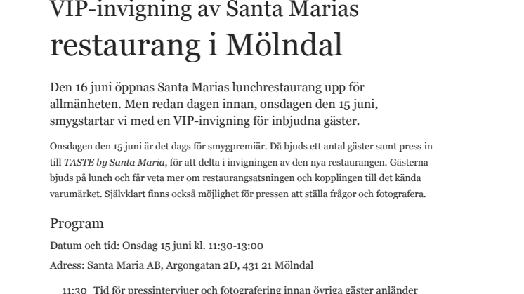 ​PRESSINBJUDAN: VIP-invigning av Santa Marias restaurang i Mölndal