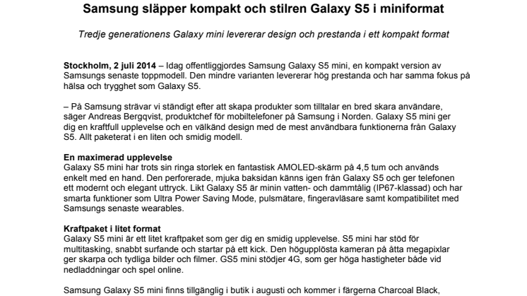 Samsung släpper kompakt och stilren Galaxy S5 i miniformat