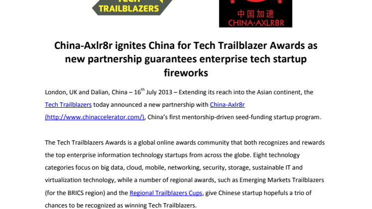 China-Axlr8r @chinaccelerator ignites China for Tech Trailblazer Awards as new partnership guarantees enterprise tech startup fireworks 