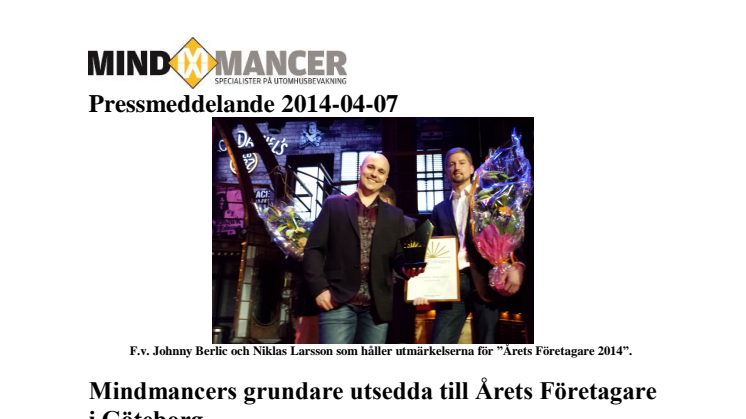 Mindmancers grundare utsedda till Årets Företagare i Göteborg