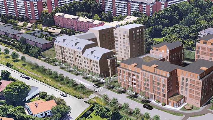 Flygvy från nordost med Stattenavägen i förgrunden. Illustration: Möller Arkitekter