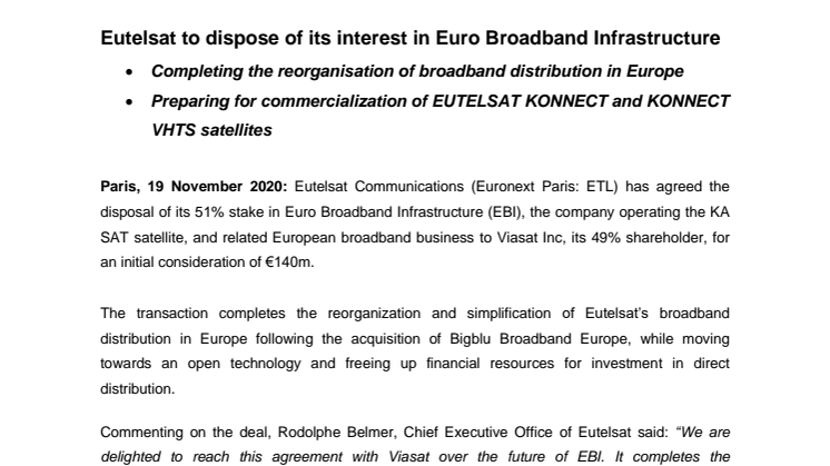 Eutelsat to dispose of its interest in Euro Broadband Infrastructure 