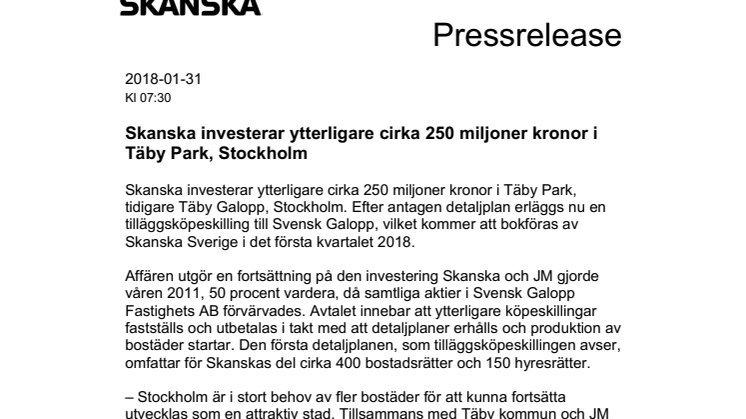 Skanska investerar ytterligare cirka 250 miljoner kronor i Täby Park, Stockholm