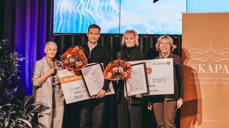 Fr v Angelica Ekholm, vd Dalarna Science Park, Daniel Björkman, prisvinnare SKAPA-talang, Linnéa Falkinger, SKAPA-priset för Dalarnas län och Helena Höij, landhövding Dalarnas län.