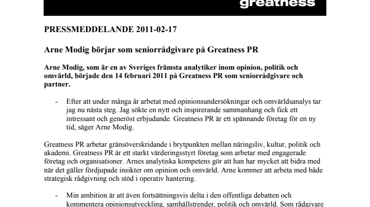 Arne Modig börjar som seniorrådgivare på Greatness PR