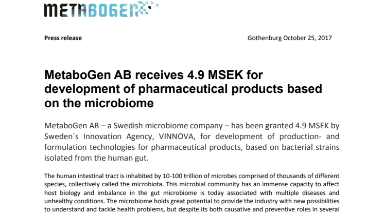 MetaboGen AB receives 4.9 MSEK for development of pharmaceutical products based on the microbiome