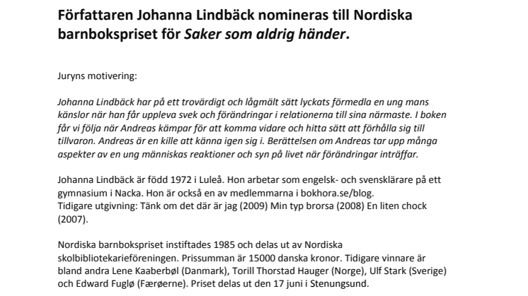 Johanna Lindbäck nomineras till Nordiska barnbokspriset.