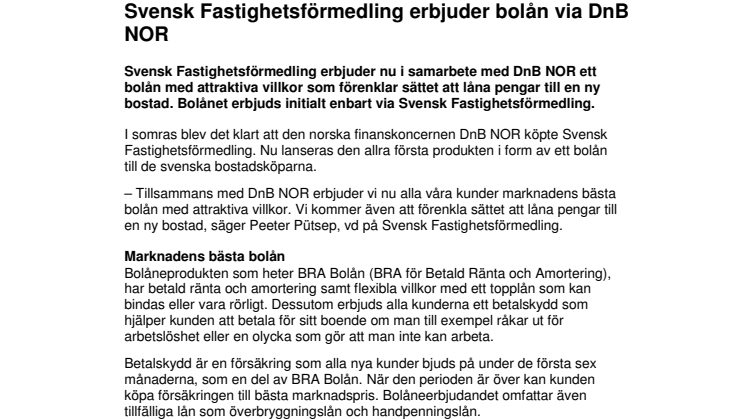 Svensk Fastighetsförmedling erbjuder bolån via DnB NOR