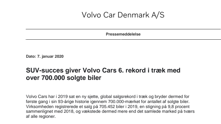 SUV-succes giver Volvo Cars 6. rekord i træk med over 700.000 solgte biler  