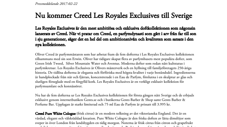 Nu kommer Creed Les Royales Exclusives till Sverige