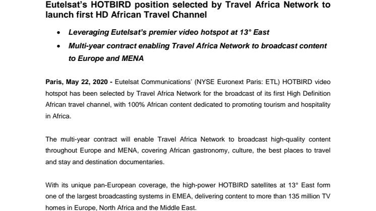 Eutelsat’s HOTBIRD position selected by Travel Africa Network to launch first HD African Travel Channel 