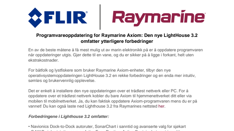 Raymarine: Programvareoppdatering for Raymarine Axiom: Den nye LightHouse 3.2 omfatter ytterligere forbedringer