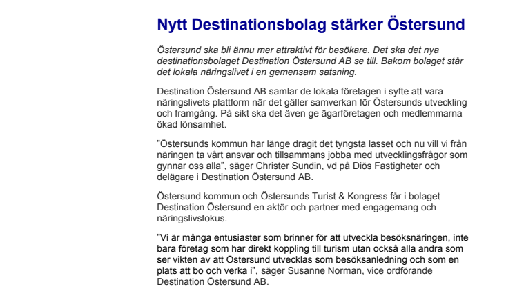 Nytt Destinationsbolag stärker Östersund