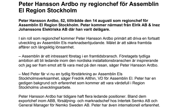 Peter Hansson Ardbo ny regionchef för Assemblin El Region Stockholm