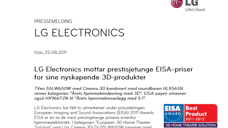LG Electronics mottar prestisjetunge EISA-priser for sine nyskapende 3D-produkter