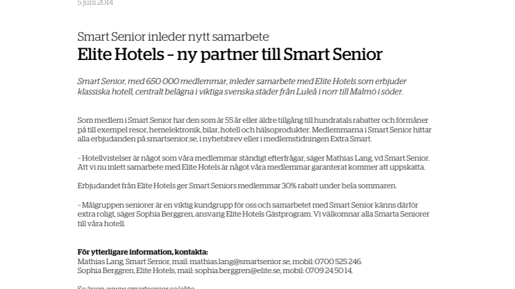 Smart Senior inleder samarbete med Elite Hotels