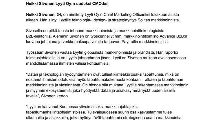 Heikki Sivonen Lyyti Oy:n uudeksi CMO:ksi 