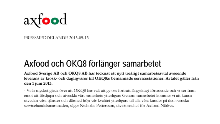 Axfood och OKQ8 förlänger samarbetet