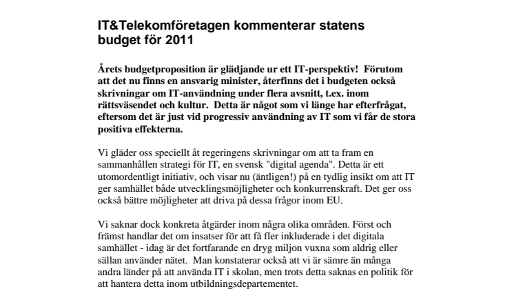 IT&Telekomföretagen kommenterar statens budget för 2011