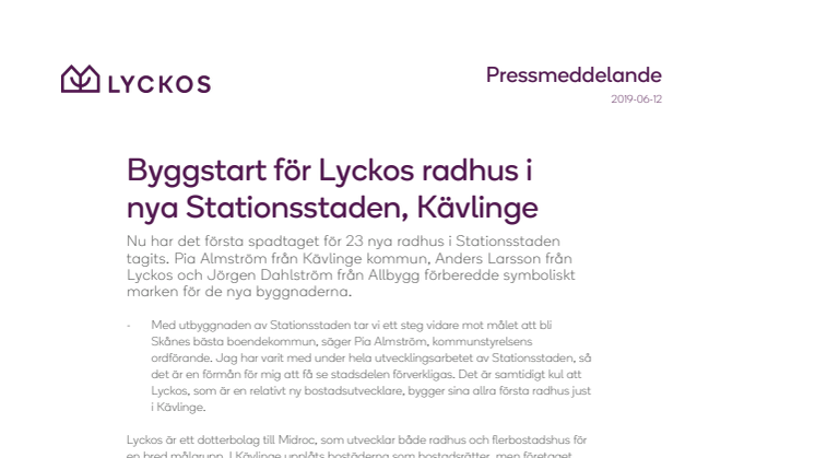 Byggstart för Lyckos radhus i nya Stationsstaden, Kävlinge