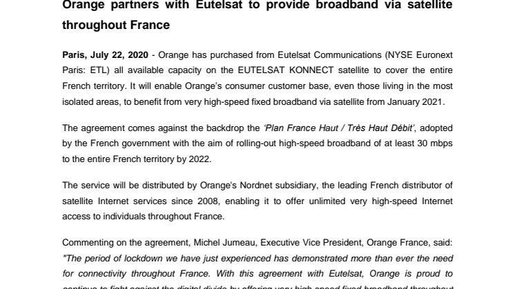 Orange partners with Eutelsat to provide broadband via satellite throughout France