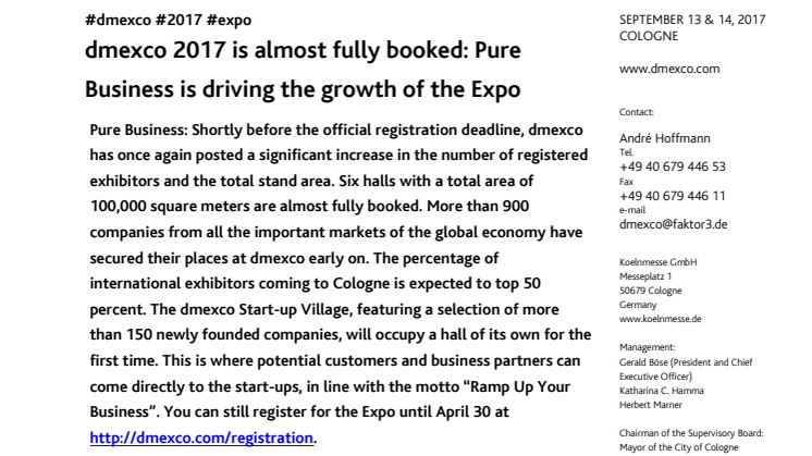 dmexco 2017 is almost fully booked: Pure Business is driving the growth of the Expo