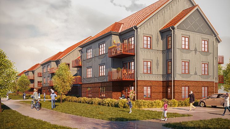 Nyproduktion i Harplinge, utanför Halmstad. 44 lägenheter byggs i fastighet med landshövdingestil.