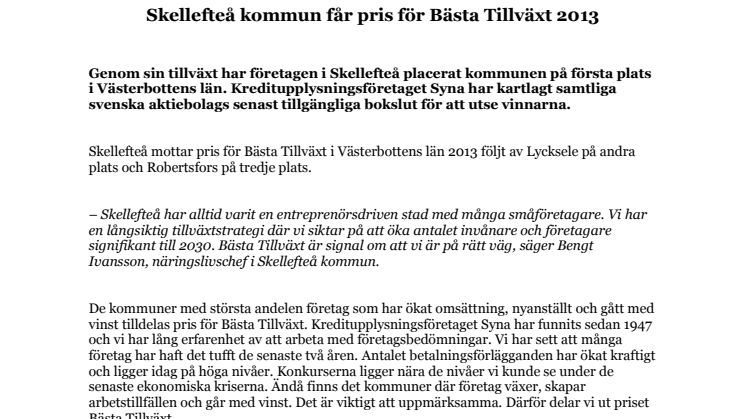 Skellefteå kommun får pris för Bästa Tillväxt 2013