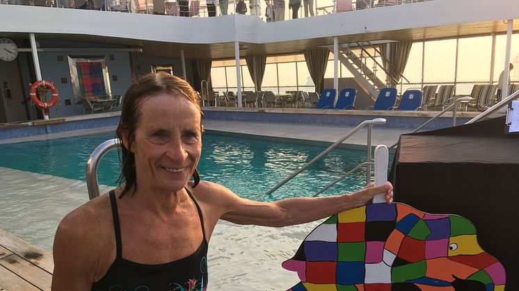 World record-holding swimmer boosts funds for Elmer’s Big Parade Suffolk in pool challenge during Black Watch World Cruise with Fred. Olsen