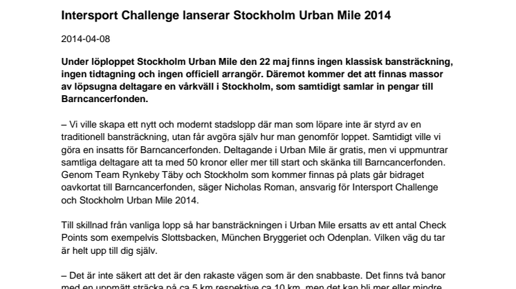 Intersport Challenge lanserar Stockholm Urban Mile 2014