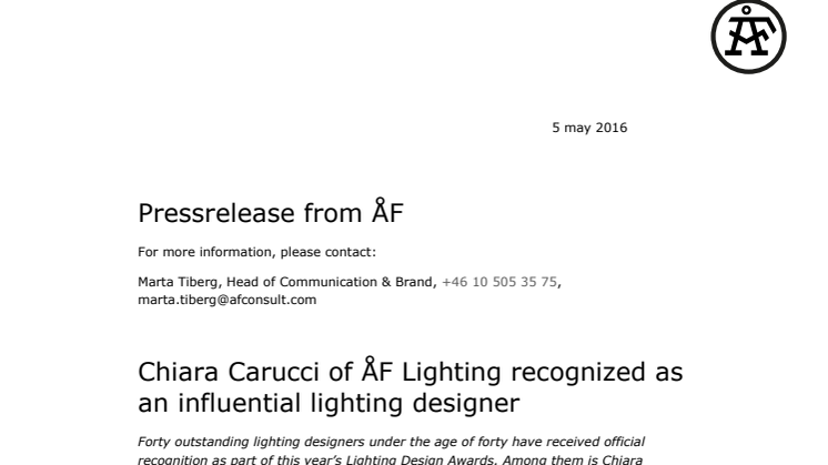 Chiara Carucci of ÅF Lighting recognized as an influential lighting designer