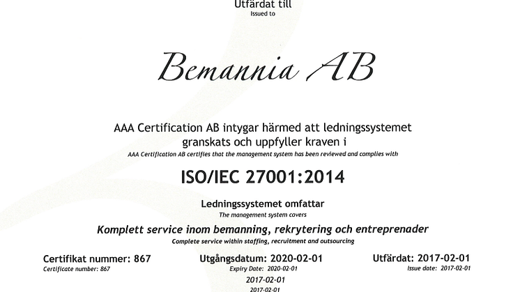 Bemannia är nu kvalitetscertifierat enligt ISO 27001:2014