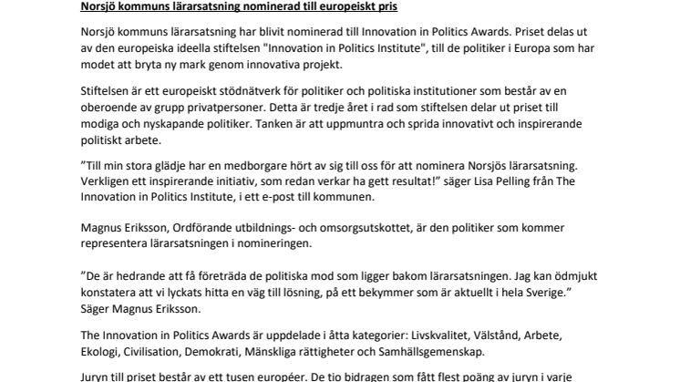 Norsjö kommuns lärarsatsning nominerad till europeiskt pris