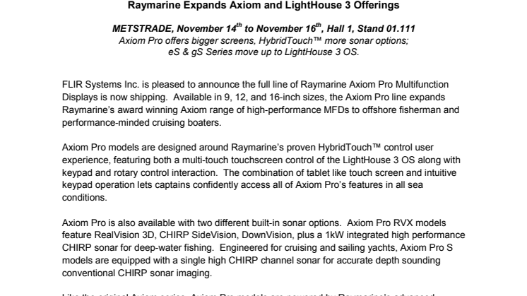 Raymarine - METSTRADE: Raymarine Expands Axiom and LightHouse 3 Offerings